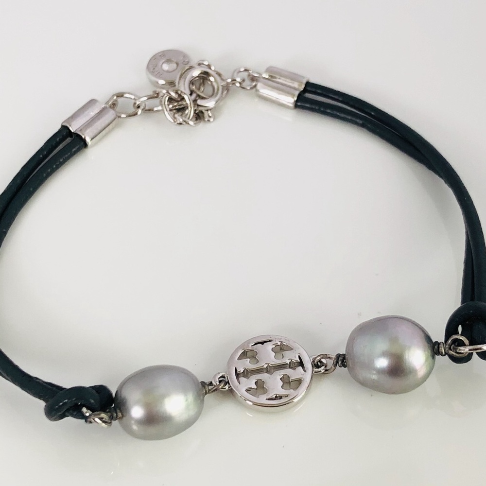 NEW Tory Burch Miller Black Leather Cultured Pearl
